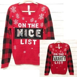 Christmas 🎄 UGLY (Pretty) Sweater Nice/Naughty Reversible Sequins Size Jrs XL